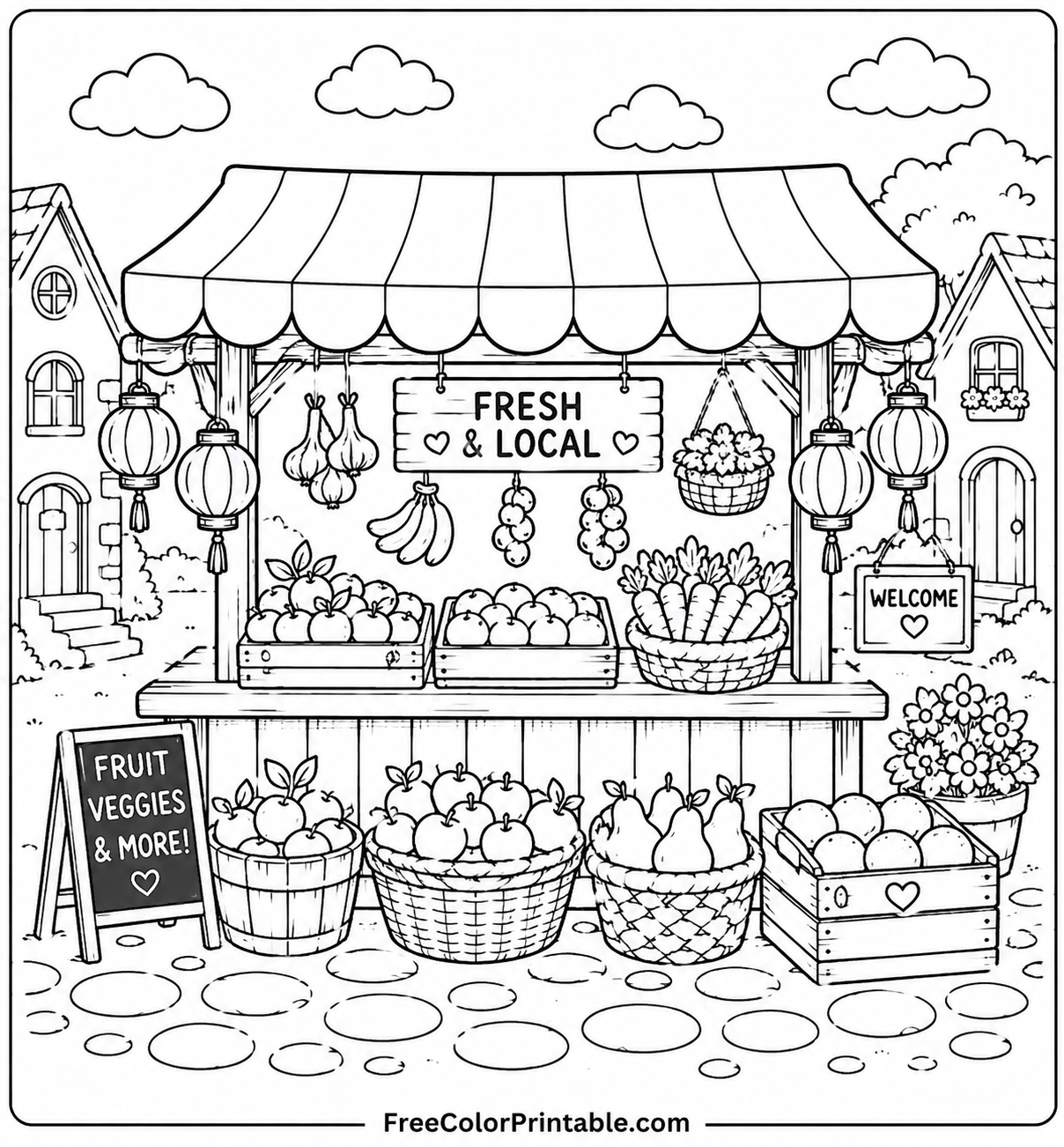 Sadar bazaar with fresh produce Coloring Page — Free Printable — free printable coloring page